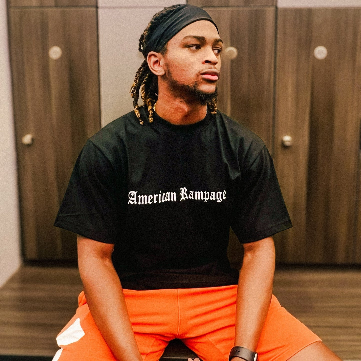 American Rampage' text in a locker room setting